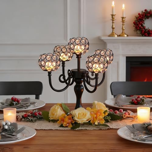 5 Arm Metal Crystal Candelabra Centerpiece - 13.4 Inch Elegant Candle Holder with Crystal Beads for Wedding, alternate view 2