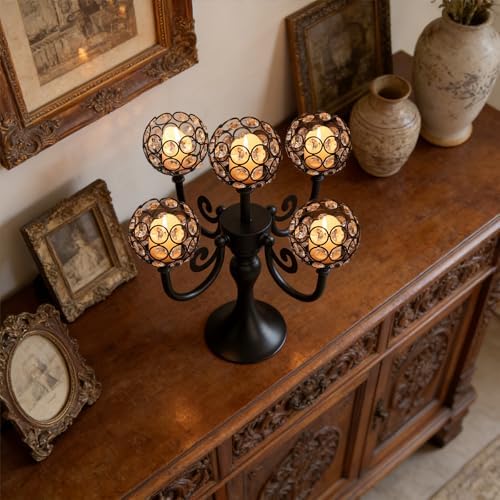5 Arm Metal Crystal Candelabra Centerpiece - 13.4 Inch Elegant Candle Holder with Crystal Beads for Wedding, alternate view 6