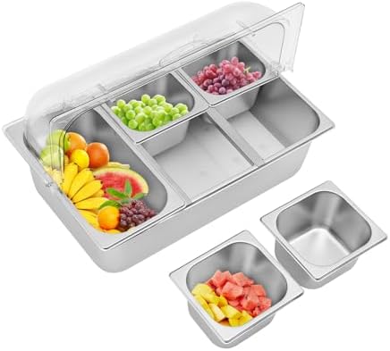 5 Compartment Food Serving Display Container, Stainless Steel Buffet Condiment Dispenser with Flip Lid