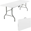 5 Feet Portable Folding Table White, Steel Legs Fold-in-Half with Carrying Handle Rectangular Plastic Foldable