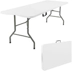 5 Feet Portable Folding Table White, Steel Legs Fold-in-Half with Carrying Handle Rectangular Plastic Foldable