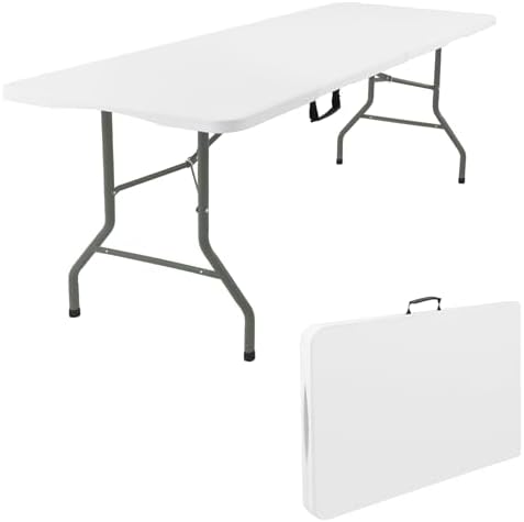 5 Feet Portable Folding Table White, Steel Legs Fold-in-Half with Carrying Handle Rectangular Plastic Foldable