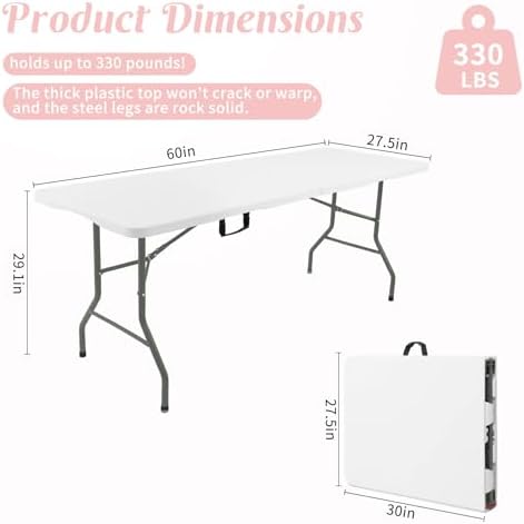 5 Feet Portable Folding Table White, Steel Legs Fold-in-Half with Carrying Handle Rectangular Plastic Foldable, alternate