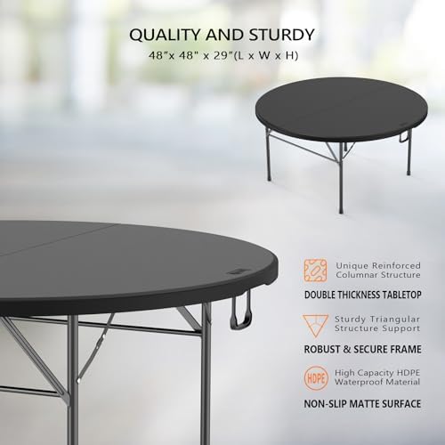 5 FT Black Round Bi-Folding Commercial Table, 60 inch Portable Plastic Dining Card Table for Kitchen Party, alternate view 4