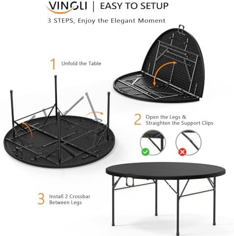 5 FT Black Round Bi-Folding Commercial Table, 60 inch Portable Plastic Dining Card Table for Kitchen Party, alternate view 5