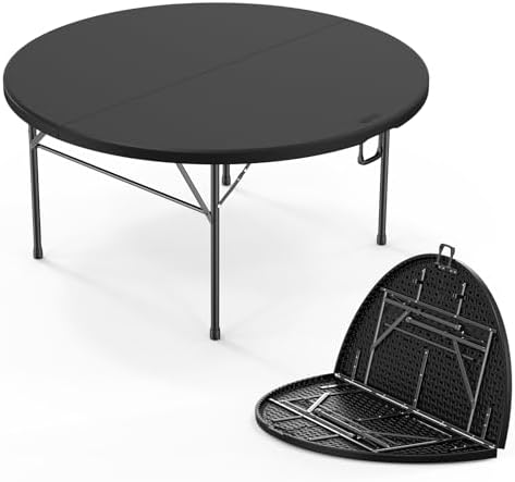 5 FT Black Round Bi-Folding Commercial Table, 60 inch Portable Plastic Dining Card Table for Kitchen Party