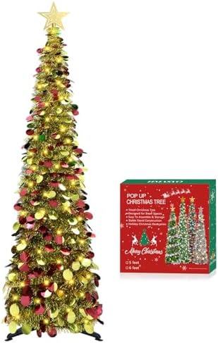 5 FT Pop Up Christmas Tree with Timer Lights, Gold Christmas Tinsel Tree, Collapsible Artificial Pencil