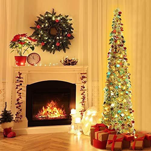 5 FT Pop Up Christmas Tree with Timer Lights, Gold Christmas Tinsel Tree, Collapsible Artificial Pencil, alternate view 2