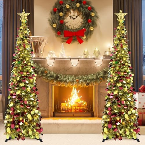 5 FT Pop Up Christmas Tree with Timer Lights, Gold Christmas Tinsel Tree, Collapsible Artificial Pencil, alternate view 3