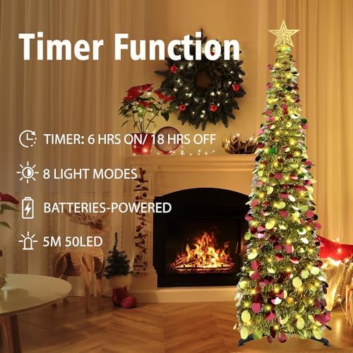 5 FT Pop Up Christmas Tree with Timer Lights, Gold Christmas Tinsel Tree, Collapsible Artificial Pencil, alternate view 4