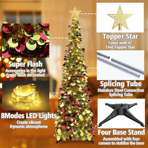 5 FT Pop Up Christmas Tree with Timer Lights, Gold Christmas Tinsel Tree, Collapsible Artificial Pencil, alternate view 5