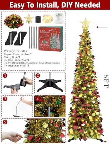 5 FT Pop Up Christmas Tree with Timer Lights, Gold Christmas Tinsel Tree, Collapsible Artificial Pencil, alternate view 6
