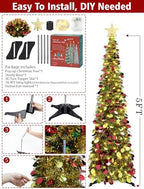 5 FT Pop Up Christmas Tree with Timer Lights, Gold Christmas Tinsel Tree, Collapsible Artificial Pencil, alternate view 6