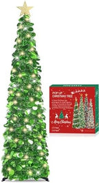 5 FT Pop Up Christmas Tree with Timer Lights, Green Christmas Tinsel Tree, Collapsible Artificial Pencil