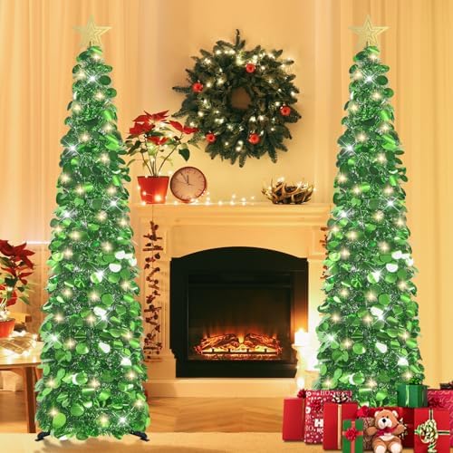5 FT Pop Up Christmas Tree with Timer Lights, Green Christmas Tinsel Tree, Collapsible Artificial Pencil, alternate view 2