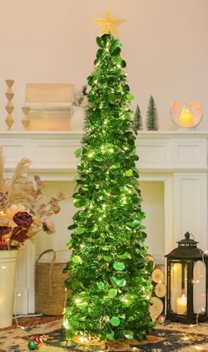 5 FT Pop Up Christmas Tree with Timer Lights, Green Christmas Tinsel Tree, Collapsible Artificial Pencil, alternate view 3