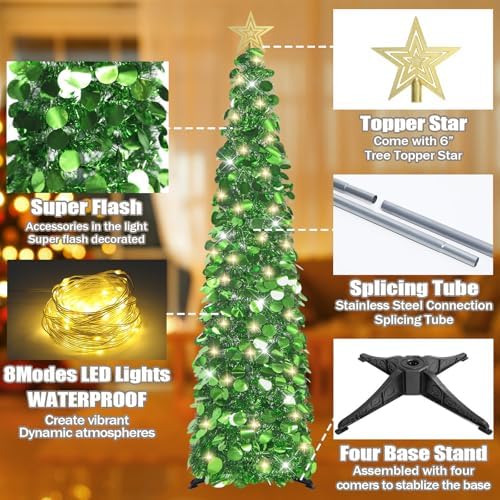 5 FT Pop Up Christmas Tree with Timer Lights, Green Christmas Tinsel Tree, Collapsible Artificial Pencil, alternate view 6
