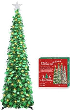 5 FT Pop Up Christmas Tree with Timer Lights, Green Tinsel Tree in Holographic Green
