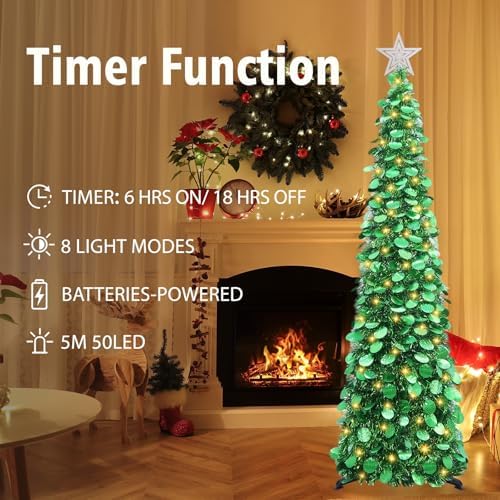 5 FT Pop Up Christmas Tree with Timer Lights, Green Tinsel Tree in Holographic Green, alternate view 3