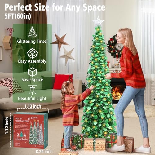 5 FT Pop Up Christmas Tree with Timer Lights, Green Tinsel Tree in Holographic Green, alternate view 4