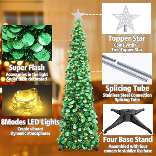 5 FT Pop Up Christmas Tree with Timer Lights, Green Tinsel Tree in Holographic Green, alternate view 5
