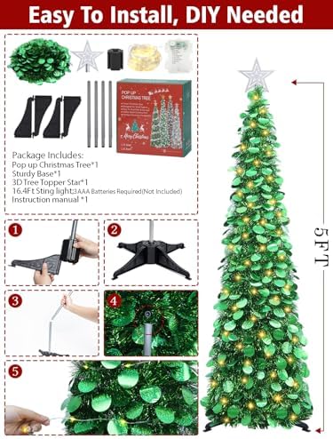 5 FT Pop Up Christmas Tree with Timer Lights, Green Tinsel Tree in Holographic Green, alternate view 6