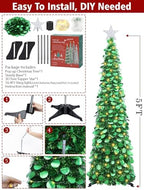 5 FT Pop Up Christmas Tree with Timer Lights, Green Tinsel Tree in Holographic Green, alternate view 6