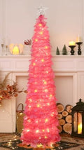 5 FT Pop Up Christmas Tree with Timer Lights, Hot Pink Christmas Tinsel Tree, Collapsible Artificial Pencil
