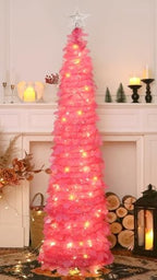 5 FT Pop Up Christmas Tree with Timer Lights, Hot Pink Christmas Tinsel Tree, Collapsible Artificial Pencil