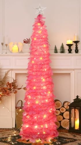 5 FT Pop Up Christmas Tree with Timer Lights, Hot Pink Christmas Tinsel Tree, Collapsible Artificial Pencil