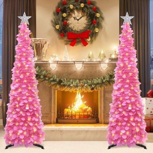 5 FT Pop Up Christmas Tree with Timer Lights, Hot Pink Christmas Tinsel Tree, Collapsible Artificial Pencil, alternate view 2