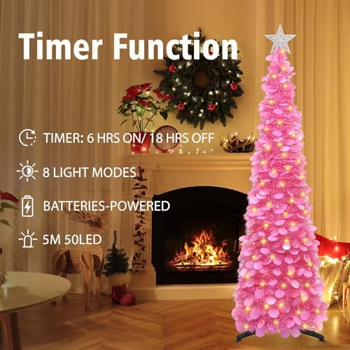 5 FT Pop Up Christmas Tree with Timer Lights, Hot Pink Christmas Tinsel Tree, Collapsible Artificial Pencil, alternate view 3