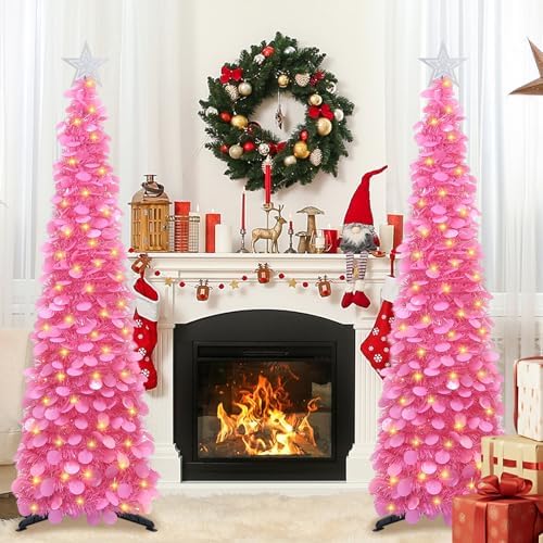5 FT Pop Up Christmas Tree with Timer Lights, Hot Pink Christmas Tinsel Tree, Collapsible Artificial Pencil, alternate view 4