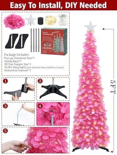 5 FT Pop Up Christmas Tree with Timer Lights, Hot Pink Christmas Tinsel Tree, Collapsible Artificial Pencil, alternate view 5