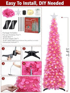 5 FT Pop Up Christmas Tree with Timer Lights, Hot Pink Christmas Tinsel Tree, Collapsible Artificial Pencil, alternate view 5