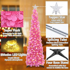 5 FT Pop Up Christmas Tree with Timer Lights, Hot Pink Christmas Tinsel Tree, Collapsible Artificial Pencil, alternate view 6