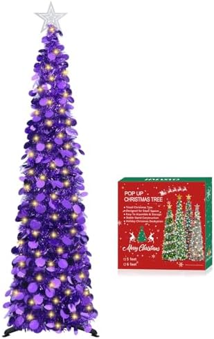 5 FT Pop Up Christmas Tree with Timer Lights, Purple Christmas Tinsel Tree, Collapsible Artificial Pencil