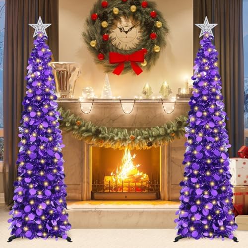 5 FT Pop Up Christmas Tree with Timer Lights, Purple Christmas Tinsel Tree, Collapsible Artificial Pencil, alternate view 2