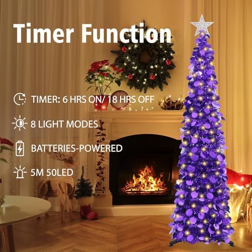 5 FT Pop Up Christmas Tree with Timer Lights, Purple Christmas Tinsel Tree, Collapsible Artificial Pencil, alternate view 3