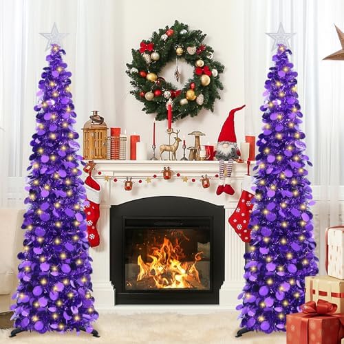 5 FT Pop Up Christmas Tree with Timer Lights, Purple Christmas Tinsel Tree, Collapsible Artificial Pencil, alternate view 4