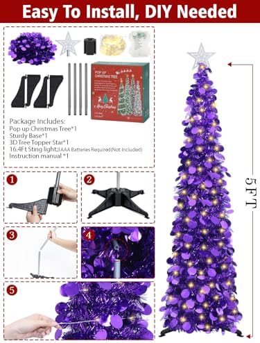 5 FT Pop Up Christmas Tree with Timer Lights, Purple Christmas Tinsel Tree, Collapsible Artificial Pencil, alternate view 5