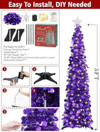 5 FT Pop Up Christmas Tree with Timer Lights, Purple Christmas Tinsel Tree, Collapsible Artificial Pencil, alternate view 5