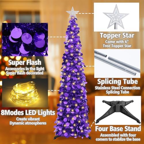 5 FT Pop Up Christmas Tree with Timer Lights, Purple Christmas Tinsel Tree, Collapsible Artificial Pencil, alternate view 6