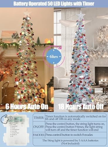 5 FT Pop Up Christmas Tree with Timer Lights, Silver Christmas Tinsel Tree, Collapsible Artificial Pencil, alternate view 2