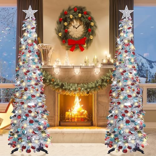 5 FT Pop Up Christmas Tree with Timer Lights, Silver Christmas Tinsel Tree, Collapsible Artificial Pencil, alternate view 3