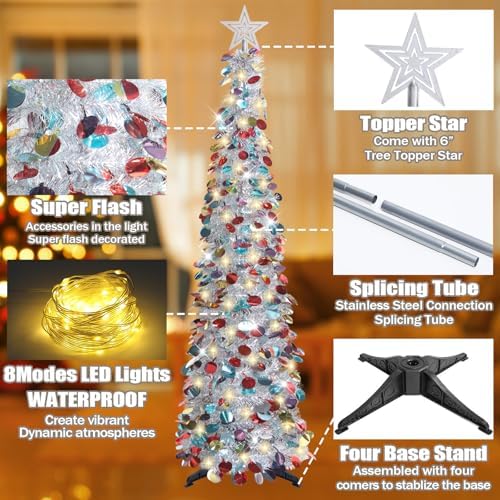 5 FT Pop Up Christmas Tree with Timer Lights, Silver Christmas Tinsel Tree, Collapsible Artificial Pencil, alternate view 5