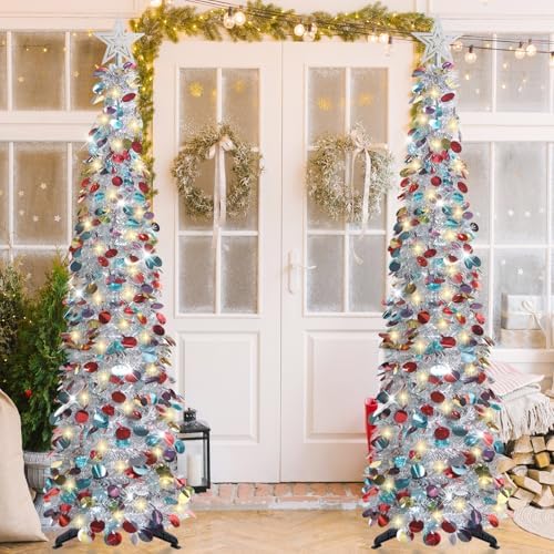 5 FT Pop Up Christmas Tree with Timer Lights, Silver Christmas Tinsel Tree, Collapsible Artificial Pencil, alternate view 6