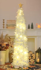 5 FT Pop Up Christmas Tree with Timer Lights, White Christmas Tinsel Tree, Collapsible Artificial Pencil