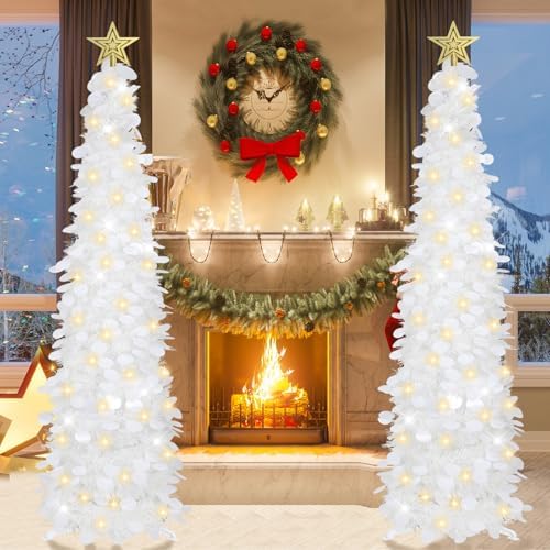 5 FT Pop Up Christmas Tree with Timer Lights, White Christmas Tinsel Tree, Collapsible Artificial Pencil, alternate view 2