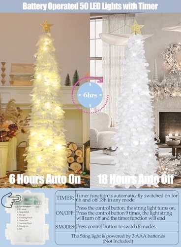 5 FT Pop Up Christmas Tree with Timer Lights, White Christmas Tinsel Tree, Collapsible Artificial Pencil, alternate view 3